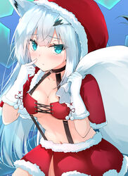  :&lt; absurdres animal_ears azur_lane black_choker blue_background blue_eyes blush breasts capelet carrying_over_shoulder choker cleavage closed_mouth collarbone commentary_request cowboy_shot elbow_gloves female finger_to_face fox_ears fur-trimmed_capelet fur-trimmed_skirt fur_trim gloves grey_hair hair_between_eyes highres holding holding_sack hood hood_up hooded_capelet kawakaze_(azur_lane) long_hair looking_at_viewer midriff navel red_capelet red_skirt ryou_(ryo_217cafe) sack sidelocks skirt solo standing starry_background suspender_skirt suspenders underboob white_gloves 