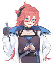  :d ahomushi994 belt black_belt black_choker black_dress black_gloves black_ribbon blue_eyes blue_gloves blue_jacket blush breasts choker clothing_cutout collarbone commentary_request dress female girls&#039;_frontline glasses gloves hair_between_eyes hair_ribbon hand_on_own_hip high_ponytail highres jacket large_breasts long_hair long_sleeves looking_at_viewer multicolored_clothes multicolored_jacket open_clothes open_jacket open_mouth pink_hair red-framed_eyewear ribbon semi-rimless_eyewear simple_background smile solo sub-2000_(girls&#039;_frontline) teeth thumbs_up two-tone_gloves two-tone_jacket under-rim_eyewear underboob underboob_cutout upper_body upper_teeth_only very_long_hair white_background white_jacket 