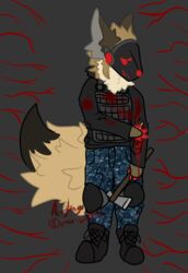  aceytango anthro axe blood bodily_fluids boots brown_body clothing digital_media_(artwork) footwear fur gore hi_res hoodie hyena johmn knee_pads machine male mammal melee_weapon plate_carrier protogen red_eyes screen screen_face simple_background smile solo spotted_hyena topwear weapon 