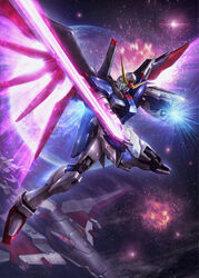  absurdres destiny_gundam earth_(planet) energy_sword energy_wings explosion glowing glowing_hand green_eyes gundam gundam_seed gundam_seed_destiny highres holding holding_sword holding_weapon looking_down mecha mechanical_wings minerva_(gundam) no_humans open_hand planet robot science_fiction solo spacecraft sword tom_liu v-fin weapon wings 