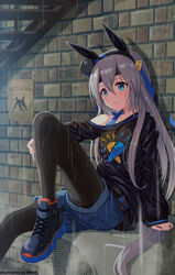  absurdres air_conditioner animal_ears artist_name black_pantyhose black_shirt blue_eyes blush boots brick_wall denim denim_shorts english_text female grey_hair grey_tail hairband headband highres hmax horse_ears horse_girl horse_tail leg_up long_hair long_sleeves missing_poster off_shoulder outdoors pantyhose parted_lips rain shirt shorts sitting solo stairs tail tamamo_cross_(umamusume) umamusume wet wet_clothes 