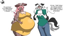  7:4 absurd_res anthro belly big_belly black_body black_fur blush brown_body brown_fur canid canine canis chest_tuft chrisandcompany clothed clothing dialogue domestic_dog duo english_text female fur green_eyes hair hi_res lagomorph las_lindas leporid long_ears male mammal multicolored_body multicolored_fur pink_hair pregnant pregnant_anthro pregnant_female rabbit randal_hawthorne simple_background taffy_(las_lindas) text tuft white_background white_body white_fur white_hair 