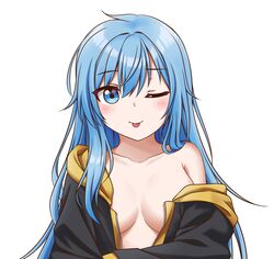  ;p blue_eyes blue_hair blush breasts cleavage elie_wayne female highres jacket jan_azure large_breasts long_hair looking_at_viewer no_bra one_eye_closed original simple_background single_bare_shoulder smile solo tongue tongue_out upper_body white_background 