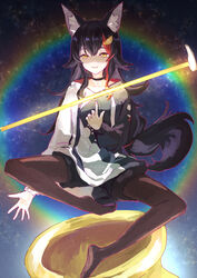  animal_ear_fluff animal_ears black_choker black_hair black_hoodie black_shorts breasts cauldron choker female getting_over_it hammer highres hololive hood hoodie long_hair looking_at_viewer medium_breasts multicolored_hair ookami_mio ookami_mio_(casual) pantyhose ponytail red_hair shorts sledgehammer smile solo streaked_hair two-tone_hoodie virtual_youtuber white_hoodie wolf_ears wolf_girl yami_ara yellow_eyes 