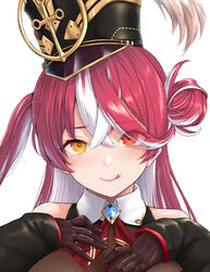  bare_shoulders black_hat blush bodystocking breasts brooch female hair_bun hat heterochromia hololive houshou_marine houshou_marine_(marching_band) jewelry kemigawa_mondo large_breasts licking_lips long_hair looking_at_viewer multicolored_hair one_side_up pantyhose red_eyes red_hair single_hair_bun smile solo streaked_hair tongue tongue_out virtual_youtuber yellow_eyes 