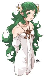  arms_behind_back bare_shoulders commentary cosplay dress english_commentary female fire_emblem fire_emblem:_three_houses flower green_eyes green_hair hair_flower hair_ornament highres long_hair long_sleeves parted_lips pointy_ears rhea_(fire_emblem) rhea_(fire_emblem)_(cosplay) sakuremi simple_background solo sothis_(fire_emblem) white_background white_dress 