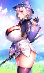  black_gloves black_thighhighs blue_sky blush bow braid breasts cleavage cloud commentary_request dress female gloves hat highres holding holding_staff huge_breasts long_sleeves looking_at_viewer mage_staff mountainous_horizon open_mouth original outdoors panties pantyshot purple_hat red_bow short_hair sky smile solo staff standing teeth thighhighs thighs tsukumiya_amane underwear upper_teeth_only white_dress white_hair white_panties wizard wizard_hat 