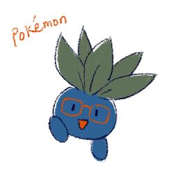  :d black_eyes citruslucy commentary copyright_name english_commentary full_body glasses jumping looking_at_viewer no_humans oddish open_mouth pokemon pokemon_(creature) simple_background smile solo white_background 