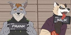  anthro armoredjeez barbie_and_ken_mugshot_meme bodily_fluids canid canine english_text fox humanoid male male/male mammal mnesis nick_saunders_(templar) procyonid raccoon supernova sweat text tongue tongue_out 