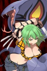  :q arbok arms_up belt between_fingers black_gloves blush body_blush breast_tattoo breasts cleavage cobra_(animal) combat_knife commission crop_top crossover denim elbow_gloves fangs female fingerless_gloves forked_tongue gloves green_hair groin highres hikage_(senran_kagura) holding holding_knife holding_weapon jeans knife knives_between_fingers large_breasts looking_at_viewer machete messy_hair midriff navel open_belt open_mouth pants pokemon pokemon_(creature) risapaso senran_kagura senran_kagura_shoujo-tachi_no_shin&#039;ei shiny_skin short_hair short_sleeves skeb_commission slit_pupils smile snake snake_print tattoo tongue tongue_out torn_clothes torn_jeans torn_pants weapon yellow_eyes 