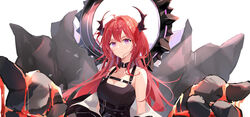  arknights bare_shoulders belt belt_buckle black_belt black_coat black_collar black_dress breasts buckle cleavage closed_mouth coat collar demon_girl demon_horns diamond-shaped_pupils diamond_(shape) dress english_commentary eyelashes female hair_between_eyes highres horns id_card iotan_twi lava light_frown long_hair looking_at_viewer monster off_shoulder purple_eyes red_hair solo surtr&#039;s_golem_(arknights) surtr_(arknights) symbol-shaped_pupils upper_body very_long_hair 