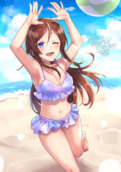  ;d armpits arms_up ball bare_arms bare_legs barefoot beach beach_volleyball beachball bikini blue_eyes blue_sky blush breasts brown_hair cleavage cloud collarbone commission day female floating_hair furusawa_yoriko hair_between_eyes highres idolmaster idolmaster_cinderella_girls kishinaito leg_up long_hair ocean one_eye_closed outdoors purple_bikini skeb_commission sky small_breasts smile solo swimsuit thigh_gap very_long_hair 