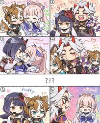  ! 2boys 2girls :3 ? anger_vein animal_ears arataki_itto armor black_hair blush bow bow-shaped_hair brown_hair cardboard_cutout chibi closed_eyes closed_mouth dog_boy dog_ears dog_tail english_text flying_sweatdrops genshin_impact gloves gorou_(genshin_impact) gradient_hair grey_hair heart hina_(genshin_impact) horns japanese_armor japanese_clothes kujou_sara long_hair mask mask_on_head multicolored_hair multiple_boys multiple_girls pink_hair puckered_lips red_hair sangonomiya_kokomi shaded_face short_hair sitting straight sumipic sweat tail tail_wagging white_hair wide_sleeves 