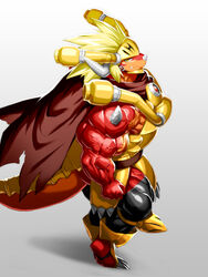  2020 3:4 anthro armor barazoku biceps big_muscles biped blonde_hair bushiroad cape clothed clothing deltoids digital_media_(artwork) digital_painting_(artwork) digitigrade dragon drum_bunker_dragon full-length_portrait future_card_buddyfight glistening glistening_arms glistening_body glistening_clothing glistening_legs grey_background hair headgear helmet hi_res high-angle_view horn kuroma looking_at_viewer male multicolored_body muscular muscular_anthro muscular_male mythological_creature mythological_scalie mythology orange_body portrait quads red_body scalie shaded side_view simple_background soft_shading solo spikes spikes_(anatomy) standing tail triceps two_tone_body vein veiny_muscles 