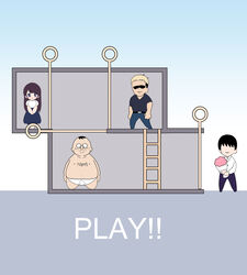  3boys black_hair black_shirt blonde_hair blue_skirt bouquet briefs brown_hair chest_hair chibi commentary dress english_text escape_ad faceless faceless_male fasorasi fat fat_man female flower glasses gyaruo highres imminent_netorare ladder long_hair male_underwear multiple_boys old old_man original parody playrix puzzle shaded_face shirt skirt smile tan underwear underwear_only v_arms 