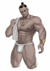  1boy abs bara bulge chest_hair cropped_legs cross cross_earrings cyberpunk_(series) cyberpunk_2077 earrings facial_tattoo fundoshi hairy highres jackie_welles japanese_clothes jewelry large_pectorals looking_at_viewer male_focus male_pubic_hair male_underwear muscular muscular_male navel navel_hair necklace nipples pectorals pubic_hair short_hair smile solo stomach tattoo thick_thighs thighs tied_hair topless_male towel towel_around_neck undercut underwear underwear_only white_background white_male_underwear yamariceball 