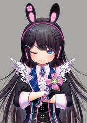  ;t animal_ear_headphones animal_ears black_gloves black_hair black_jacket black_vest blue_eyes blush center_frills closed_mouth clover collared_shirt commentary_request crossed_arms dress_shirt fake_animal_ears female four-leaf_clover frills gloves glowing grey_background hair_ornament hairclip headphones headset highres jacket kath long_hair looking_at_viewer neon_trim nijisanji one_eye_closed photoshop_(medium) rabbit_ear_headphones rabbit_ears shirt simple_background smile solo tsukino_mito tsukino_mito_(13th_costume) upper_body v-shaped_eyebrows very_long_hair vest virtual_youtuber white_shirt 