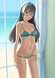  aqua_eyes bare_arms bare_shoulders bikini black-framed_eyewear black_hair blue_bikini collarbone commentary curtains female flat_chest glasses green_hairband hairband hand_on_own_thigh highres indoors kantai_collection long_hair looking_at_viewer mikan_29344886 navel ooyodo_(kancolle) open_mouth semi-rimless_eyewear solo standing stomach swimsuit under-rim_eyewear window 