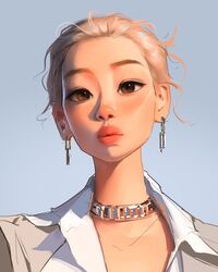  blackpink blonde_hair blue_background brown_eyes collarbone commentary derivative_work earrings english_commentary female highres jewelry k-pop lips looking_at_viewer photo-referenced procreate_(medium) real_life rose_(blackpink) sam_yang short_hair simple_background solo 