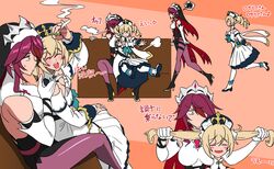  2girls barbara_(genshin_impact) bare_shoulders blonde_hair blue_eyes curvy detached_sleeves dress drill_hair elbow_gloves genshin_impact gloves habit hair_between_eyes hair_ornament hair_over_one_eye highres imtmcomics long_hair long_sleeves multicolored_hair multiple_girls nun open_mouth pantyhose purple_eyes red_eyes red_hair rosaria_(genshin_impact) short_hair sitting sitting_on_lap sitting_on_person smile smoking streaked_hair translation_request twin_drills twintails two-tone_dress veil white_dress white_gloves white_headwear white_legwear 