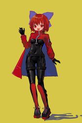  :d absurdres adapted_costume akatsuki_records bad_id bad_twitter_id black_bodysuit blue_bow bodysuit bow cloak female full_body garter_straps hairbow highres looking_at_viewer no_lineart oerba_yun_fang open_mouth red_eyes red_hair reddizen rock_&#039;n&#039;_rock_&#039;n&#039;_beat sekibanki short_hair simple_background skin_fang smile solo standing touhou yellow_background zipper 