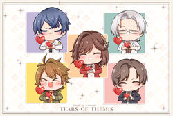  &gt;_&lt; &gt;o&lt; 4boys :d artem_wing_(tears_of_themis) artist_name blue_jacket blue_necktie border brown_hair closed_mouth female formal glasses green_jacket heart heart_hands jacket karrarin lab_coat luke_pearce_(tears_of_themis) marius_von_hagen_(tears_of_themis) multiple_boys necktie open_mouth polo_shirt purple_hair red_jacket rosa_(tears_of_themis) shirt short_hair smile tears_of_themis vyn_richter_(tears_of_themis) white_hair white_jacket white_shirt 