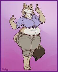  2020 absurd_res anthro back_rolls belly belly_overhang belly_rolls big_breasts border breasts canid canine canis clothed clothing coyote digitigrade female greasymojo hi_res looking_at_viewer love_handles mammal medium_breasts muffin_top overweight overweight_female pear-shaped_figure purple_border sandra_(foxcall) simple_background solo thick_thighs wide_hips 