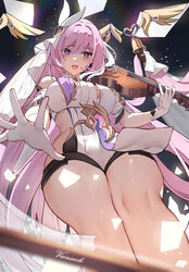  bare_legs bare_shoulders bell blush bow_(music) breasts diamond-shaped_pupils diamond_(shape) elysia_(honkai_impact) female from_below gloves hair_between_eyes hair_intakes holding holding_instrument honkai_(series) honkai_impact_3rd instrument large_breasts long_hair open_mouth pink_hair pointy_ears purple_eyes reaching_out sideless_outfit symbol-shaped_pupils thighs very_long_hair vierzeck violin wings 