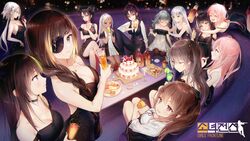  404_(girls_frontline) 6+girls absurdres agent_(girls_frontline) alcohol alternate_costume anniversary anti-rain_(girls_frontline) black_dress bottle breasts cake cleavage coaster cup dress drinking drinking_glass drunk elisa_(girls_frontline) executioner_(girls_frontline) food formal g11_(girls_frontline) girls_frontline gomzi highres hk416_(girls_frontline) hunter_(girls_frontline) jack_daniel&#039;s m16a1_(girls_frontline) m4_sopmod_ii_(girls_frontline) m4a1_(girls_frontline) macaron multiple_girls official_art plate ro635_(girls_frontline) sangvis_ferri siblings sisters sleepy st_ar-15_(girls_frontline) suit twins ump45_(girls_frontline) ump9_(girls_frontline) wine_bottle wine_glass 