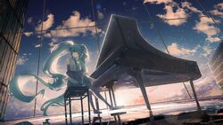  backlighting bare_shoulders bench black_footwear black_skirt blue_eyes blue_hair blue_necktie blue_sky boots breasts building chocoshi closed_mouth cloud cloudy_sky collared_shirt commentary detached_sleeves dot_nose dutch_angle female floating_hair from_below grand_piano grey_shirt hatsune_miku indoors instrument lens_flare light_blush light_particles light_smile long_hair music necktie on_bench piano piano_bench playing_instrument pleated_skirt reflection reflective_floor shirt sitting skirt sky sleeveless sleeveless_shirt small_breasts solo sunlight sunset thigh_boots thighhighs twintails very_long_hair vocaloid wide_shot window 