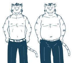  2011 anthro belly bottomwear clothing felid kemono kick_(artist) male mammal moobs navel nipples overweight overweight_anthro overweight_male pantherine pants simple_background solo tiger white_background 