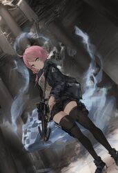  arknights blue_eyes blue_poison_(arknights) blue_poison_(elite_ii)_(arknights) crossbow female highres holding holding_crossbow holding_weapon hood hood_down hooded_jacket jacket low_twintails pink_hair shorts solo thighhighs twintails unitsu weapon zettai_ryouiki 