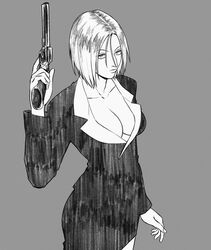  aquiline_nose breasts cleavage closed_mouth cowboy_shot female formal greyscale gun handgun highres holding holding_gun holding_weapon hunter_x_hunter large_breasts long_sleeves looking_at_viewer monochrome ohmilkt pakunoda short_hair solo traditional_media weapon 