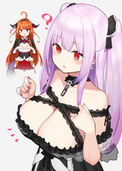  2girls ? ahoge alternate_breast_size blush breast_size_switch breasts cleavage flat_chest hayabusa_(vert_320) highres hololive kiryu_coco kiryu_coco_(1st_costume) large_breasts long_hair multiple_girls official_alternate_costume official_alternate_hair_length official_alternate_hairstyle orange_hair pink_hair red_eyes solo_focus uruha_rushia uruha_rushia_(3rd_costume) virtual_youtuber 