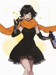  alcohol black_dress black_hair blush bottle chain_sumeragi closed_eyes commentary_request cup dress drinking_glass elbow_gloves female gloves highres kekkai_sensen orange_scarf red_wine scarf short_hair sleeveless sleeveless_dress smile solo ta0oxo0ma wine wine_bottle wine_glass 