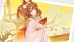  alternate_costume angelina_(arknights) animal_ears arknights brown_hair chopsticks commentary eating female food fox_ears fox_girl hairband highres holding holding_chopsticks inuko_(redconstellation) japanese_clothes kimono long_hair mochi mochi_trail solo twintails watermark yukata 