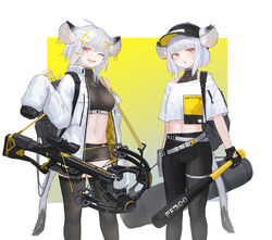  2girls absurdres animal_ears arrow_(projectile) baseball_bat baseball_cap belt black_legwear blunt_bangs border breasts cow_ears cow_tail crop_top crossbow crossbow_bolt earrings gradient_background hair_ornament hairclip hat highres jacket jewelry looking_at_viewer medium_breasts midriff mihato_senba multiple_girls navel one_eye_closed open_clothes open_jacket open_mouth original red_eyes short_shorts shorts sleeves_past_wrists tail thighhighs weapon white_border white_hair 