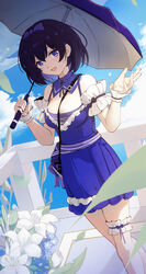  :d absurdres arm_cuffs arm_strap bag bare_shoulders belt between_breasts black_bow black_hair black_ribbon blue_belt blue_bow blue_bowtie blue_collar blue_dress blue_eyes blue_ribbon blue_sky blue_umbrella bow bowtie breasts cloud collar crossed_legs day detached_collar dress feet_out_of_frame female flower frilled_cuffs frilled_dress frills hair_between_eyes hairbow hand_up handbag hands_up highres holding holding_umbrella honkai_(series) honkai_impact_3rd looking_at_viewer medium_breasts neck_ribbon open_mouth plant pleated_dress qingye_ling ribbon seele_vollerei short_dress short_hair sky sleeveless sleeveless_dress smile solo spaghetti_strap standing strap_between_breasts thigh_strap umbrella white_wrist_cuffs wrist_cuffs 