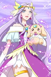  2girls canine commentary_request cure_earth ear_ribbon earrings fuurin_asumi graphite_(medium) healin&#039;_good_precure healing_animal highres jewelry latte_(precure) moritakusan multiple_girls precure purple_hair ribbon sparkle thighs traditional_media 