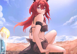  arknights armband bad_id bad_pixiv_id bare_shoulders bikini black_bikini blue_sky breasts commentary day female food fruit hair_between_eyes halterneck horns infection_monitor_(arknights) lemon lemon_slice long_hair looking_at_viewer medium_breasts nats_(d0ughnats) outdoors purple_eyes red_hair sarong sitting sky smile solo stomach surtr_(arknights) swimsuit symbol-only_commentary thighs 