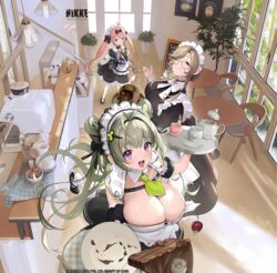  3girls ade_(nikke) ahoge ai-generated apron black_dress black_footwear black_shirt black_skirt blonde_hair bow braid breasts cake chocolate chocolate_cake cleavage cocoa_(nikke) collar copyright_name cup doll door dress dropping food glasses goddess_of_victory:_nikke green_eyes green_hair hair_ornament heart highres holding holding_tray huge_breasts large_breasts long_hair long_sleeves maid maid_apron maid_headdress medium_hair multiple_girls necktie official_art one_eye_closed orange_eyes petite picture_frame pink_hair plant plate purple_eyes round_table second-party_source shirt sidelocks skirt small_breasts smile soda_(nikke) stairs strap table teapot teeth tray twintails v white_apron 