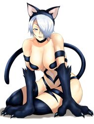  anagumasan angel_(kof) animal_ears animal_hands bare_shoulders black_fur blue_eyes breasts cat_ears cat_girl cat_paws cat_tail claws commentary cosplay english_commentary felicia_(vampire) felicia_(vampire)_(cosplay) female full_body hair_over_one_eye highres large_breasts looking_at_viewer navel short_hair simple_background solo tail the_king_of_fighters the_king_of_fighters_2001 the_king_of_fighters_xiv thick_thighs thighs toned vampire_(game) white_background white_hair 