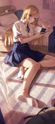  absurdres against_bed arm_support banana_oekaki bare_legs bed blonde_hair blue_eyes blue_ribbon blue_skirt blush carpet cellphone clock closed_mouth collared_shirt curtains female full_body hand_on_own_head highres holding holding_phone indoors leaning_on_object legs long_hair looking_at_phone lying md5_mismatch neck_ribbon nishina_toriko no_shoes on_floor on_side parted_bangs phone pillow pleated_skirt ribbon school_uniform shirt short_sleeves sidelocks sitting skirt smartphone smile solo sunlight thighs urasekai_picnic white_footwear white_shirt window 