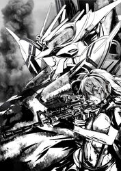  absurdres aiming angelise_ikaruga_misurugi assault_rifle assault_visor breasts changpan_hutao cross_ange female fingerless_gloves floating_hair gloves greyscale gun highres holding holding_gun holding_weapon m4_carbine mecha medium_breasts midriff monochrome navel rifle robot science_fiction short_hair smoke villkiss_(cross_ange) weapon 