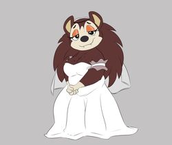  2022 4_fingers animal_crossing anthro armwear belly big_breasts black_nose breasts bride brown_hair cleavage clothed clothing curvy_figure cute_fangs digital_media_(artwork) dress eulipotyphlan eyelashes female fingers freckled_breasts freckles front_view full-length_portrait gloves_(marking) grey_background hair half-closed_eyes hands_together hedgehog hi_res looking_at_viewer mammal markings narrowed_eyes nintendo noodlestoat overweight overweight_anthro overweight_female portrait romantic sable_able simple_background smile solo standing veil voluptuous wedding_dress wedding_veil white_clothing white_dress 