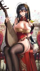  504_gateway \||/ ass azur_lane bad_id bad_pixiv_id bare_hips bare_shoulders bird black_hair breasts bridal_gauntlets chair china_dress chinese_clothes chinese_commentary cleavage commentary_request crossed_bangs dress earrings feet_out_of_frame female fishnet_thighhighs fishnets flower framed_breasts fur_trim garter_straps gold_trim hair_between_eyes hair_flower hair_ornament halterneck hand_on_own_chest highleg highres holding holding_instrument huge_breasts instrument jewelry lace-trimmed_legwear lace_trim lips long_hair official_alternate_costume parted_lips pipa_(instrument) railing red_dress red_eyes sitting skindentation solo sparkle taihou_(azur_lane) taihou_(phoenix&#039;s_spring_song)_(azur_lane) thick_thighs thighhighs thighs very_long_hair 