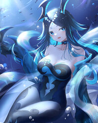  absurdres arm_support bare_shoulders blue_eyes blue_hair blush bonanus_(genshin_impact) breasts bubble choker cleavage collarbone covered_navel cowboy_shot detached_sleeves dress facial_mark female fish genshin_impact hair_flaps highres holding holding_own_hair horns jndfh long_hair looking_at_viewer oerba_yun_fang open_mouth parted_bangs sidelocks sitting smile solo strapless strapless_dress underwater 