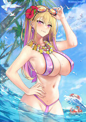  504_gateway absurdres bikini bird blonde_hair blush boryeon_(last_origin) breasts chromatic_aberration cleavage cloud crab day dove earrings female flower flower_necklace goggles groin hair_flower hair_ornament hand_on_own_hip highres innertube jewelry large_breasts last_origin lei long_hair looking_at_viewer navel official_alternate_costume outdoors palm_tree pink_eyes sky solo swim_ring swimsuit tree 