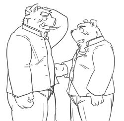  2011 anthro bear blush bottomwear clothing duo kemono kick_(artist) male mammal monochrome overweight overweight_male pants shirt simple_background suid suina sus_(pig) topwear white_background wild_boar 