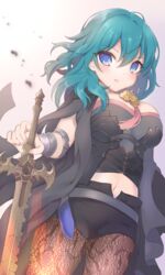  absurdres armlet armor black_armor black_shorts blue_eyes blue_hair blush bodice breasts brown_pantyhose bustier byleth_(female)_(fire_emblem) byleth_(fire_emblem) cape capelet cleavage cleavage_cutout cloak clothing_cutout commentary commission cowboy_shot crop_top cropped_shirt dagger emblem female fire_emblem fire_emblem:_three_houses floral_print grey_skirt hair_between_eyes highres holding holding_sword holding_weapon knife kokorominton lace-trimmed_legwear lace_trim large_breasts long_hair looking_at_viewer midriff navel navel_cutout pantyhose pantyhose_under_shorts parted_lips patterned_clothing patterned_legwear planted planted_sword print_pantyhose sheath sheathed short_shorts short_sleeves shorts shoulder_armor sidelocks skeb_commission skirt solo standing sword sword_of_the_creator tassel teacher turtleneck vambraces waist_cape weapon white_background 